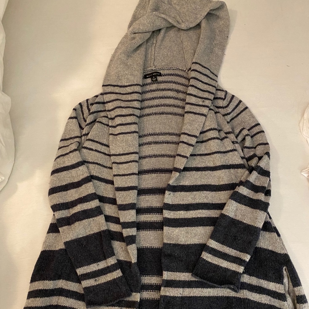 Long hooded navy and grey sweater jacket